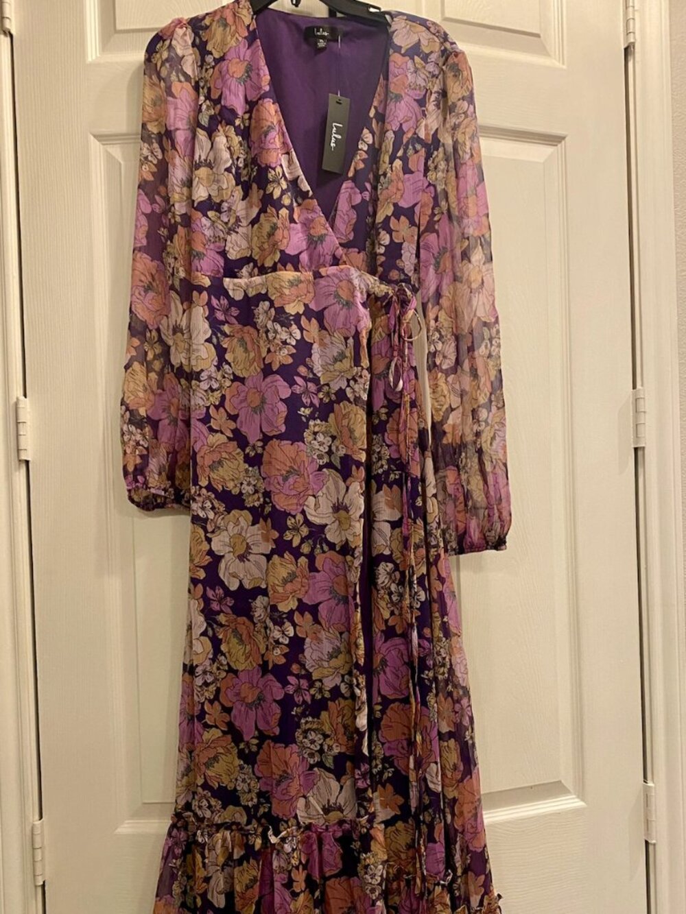 NWT Lulus Purple Floral Print Long Sleeve Wrap Maxi Dress